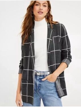 Loft Knit Windowpane Open-Front Cardigan